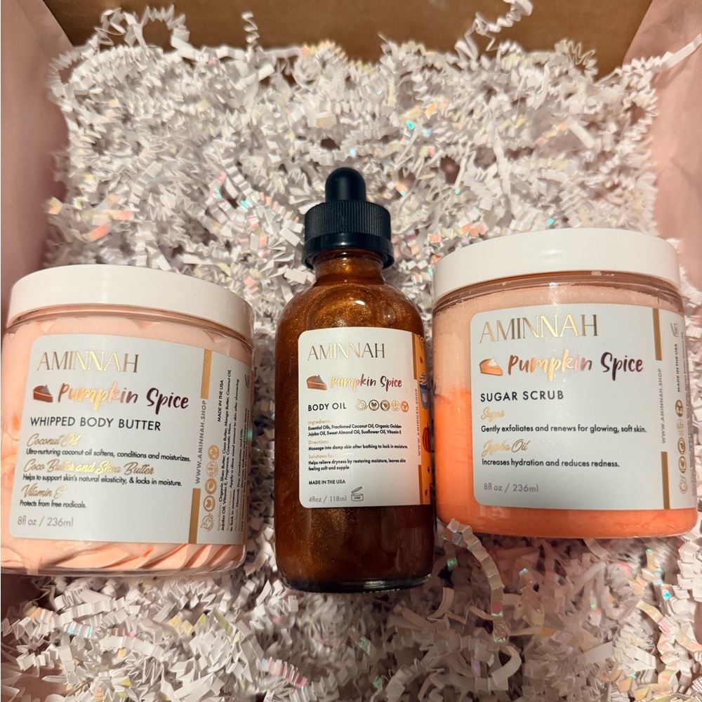 Aminnah Skincare pumpkin Spice Whipped Body Butter, Body Oil & Sugar Scrub